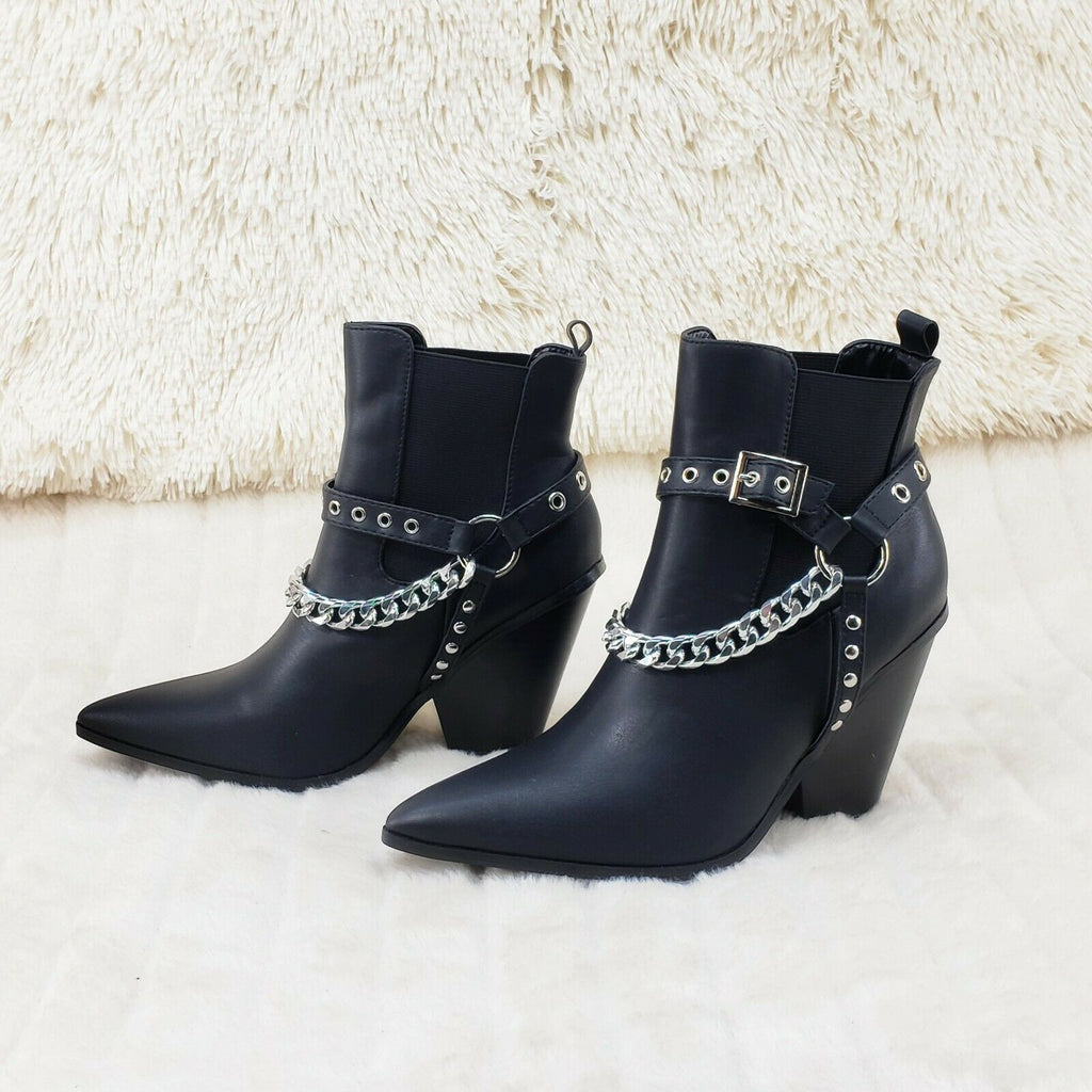 Dimitri Western Chain Strap Cowboy / Cowgirl Pull Ankle Boots Black 6-11 - Totally Wicked Footwear