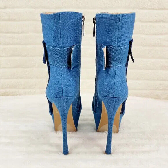 Kinder Pointy Toe Platform Stiletto Heel Ankle Boots Denim Patchwork - Totally Wicked Footwear