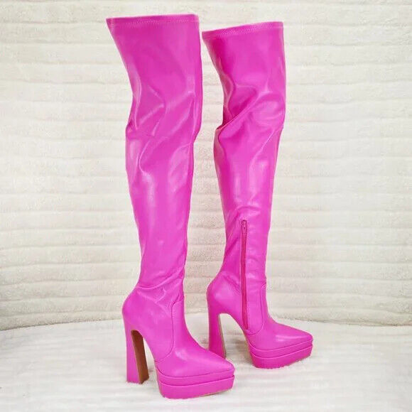 Delicious Hot Pink Fuchsia Pointy Toe Platform High Heel Stretch Thigh Boots - Totally Wicked Footwear