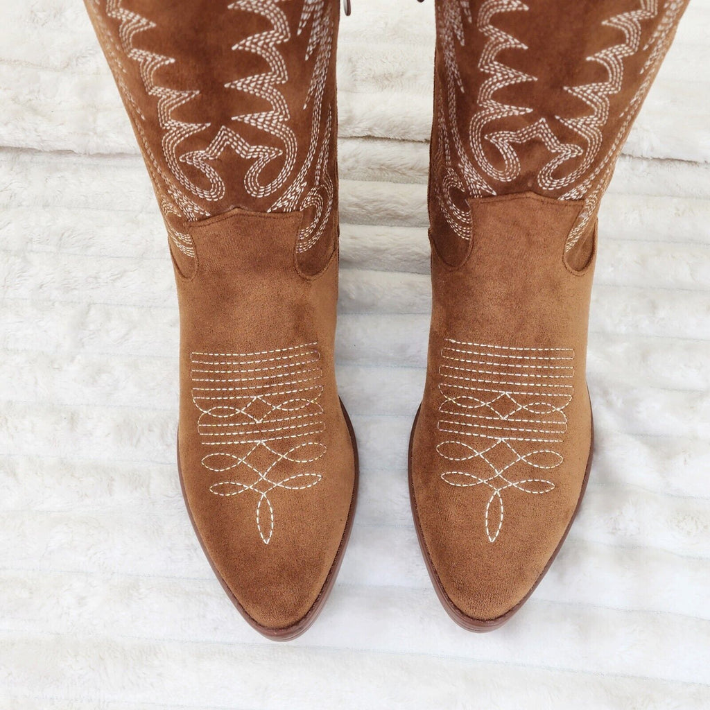 Bella Western Mid-calf Cowboy Cowgirl Boots Tan Low 1.5" Heels Tan Faux Suede - Totally Wicked Footwear