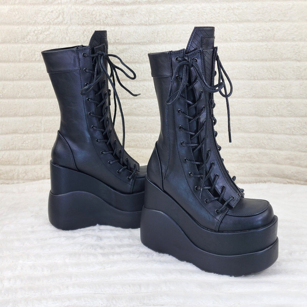 Void Black Matte Reflective Platform Wedge Mid Calf Boots IN HOUSE NY Demonia - Totally Wicked Footwear