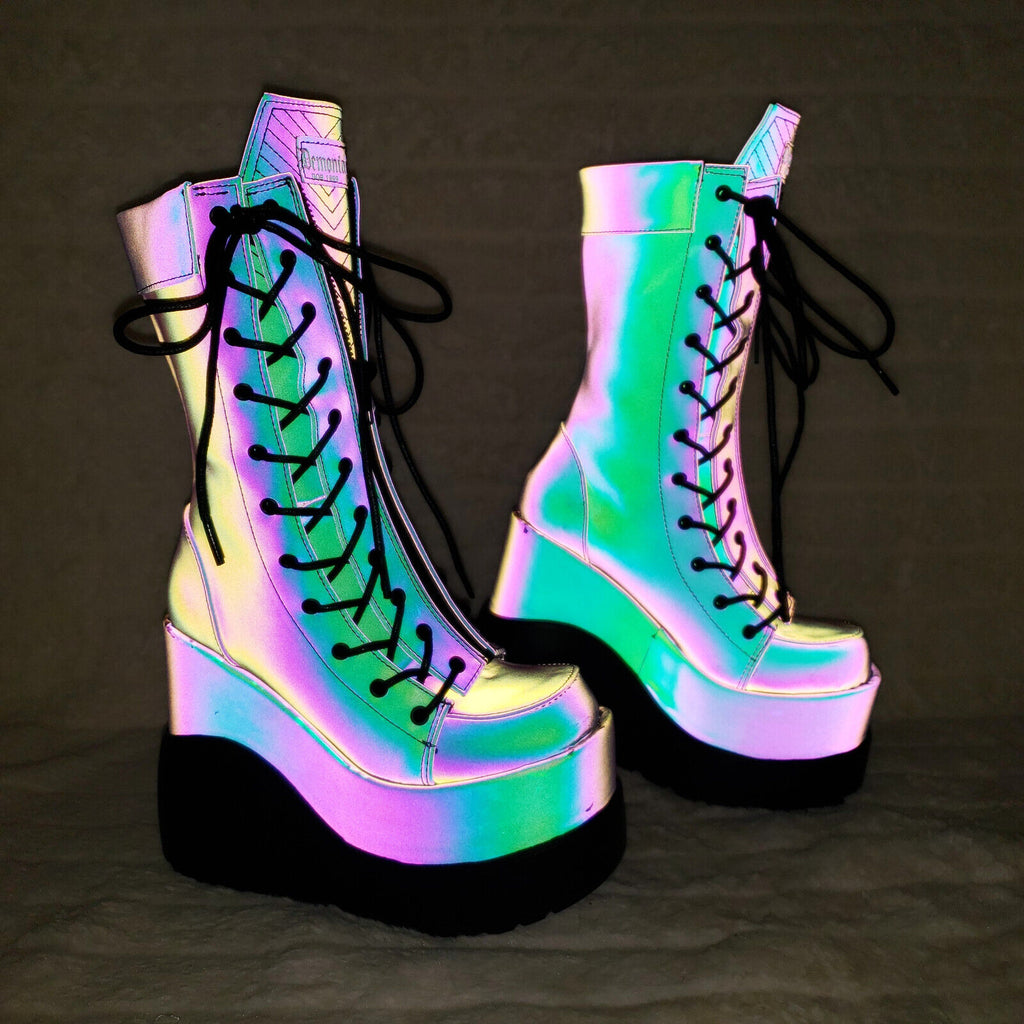 Void Purple Green Reflective Platform Wedge Mid Calf Boots IN HOUSE NY Demonia - Totally Wicked Footwear