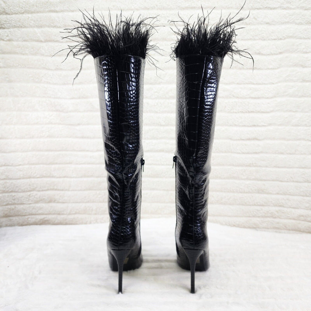 Flirty Black Snake Texture Knee High Heel Stiletto Boots Sexy Feather Top - Totally Wicked Footwear