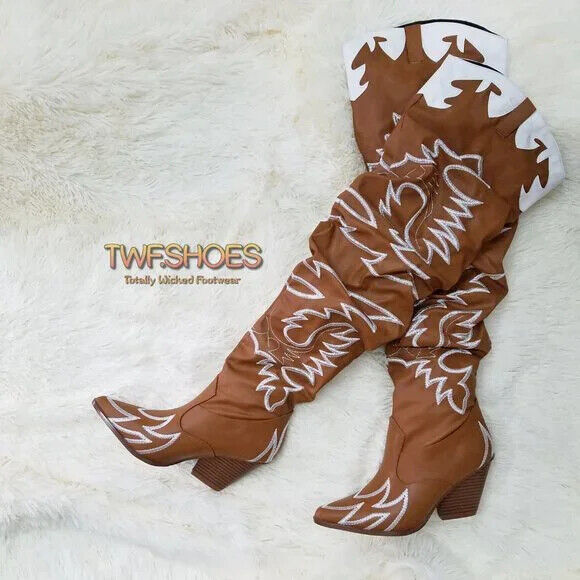 CR Kelsey 21 Rock Star Tan & White Western Slouch OTK Thigh High Cowboy Boot - Totally Wicked Footwear