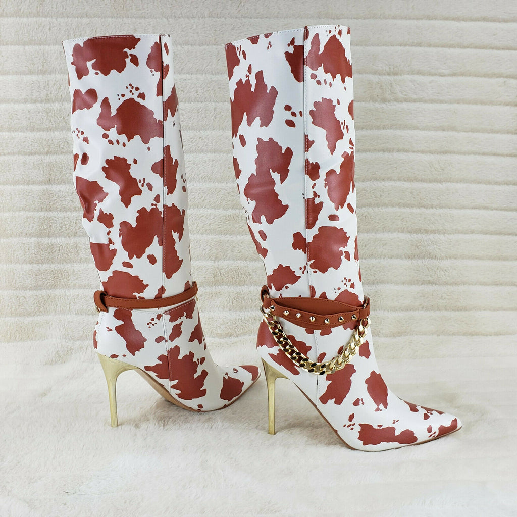 Eva Tan & White Cow Print Leatherette Gold Tone High Heel & Chain Knee Boots - Totally Wicked Footwear