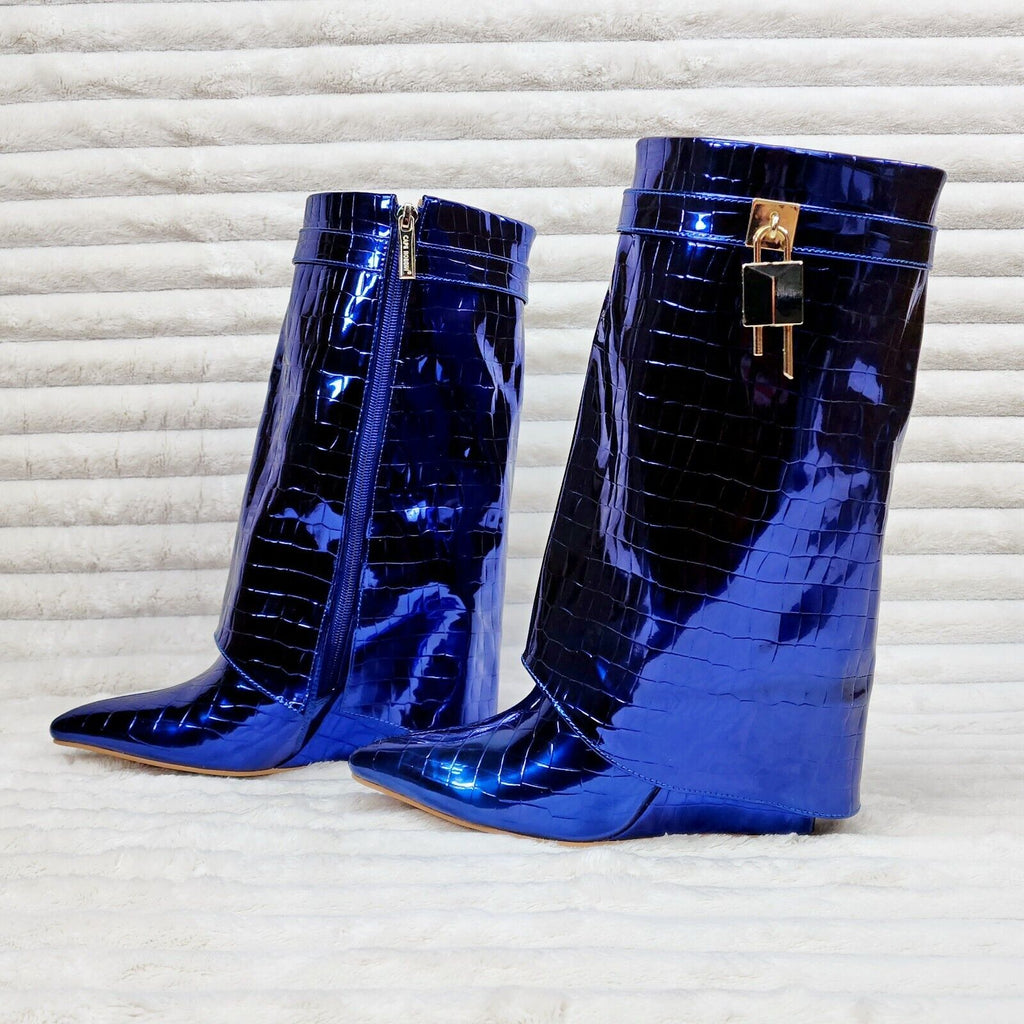 Vision Royal Blue Hologram Wedge Heel Fold Over Skirted Ankle Boots - Totally Wicked Footwear