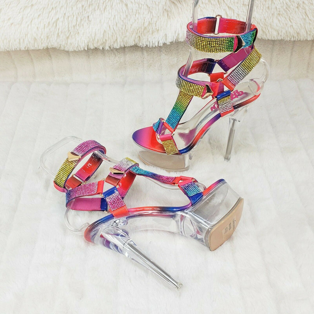 Xapala Rainbow Rhinestone Harness Strap Clear Platform High Heel Shoes - Totally Wicked Footwear