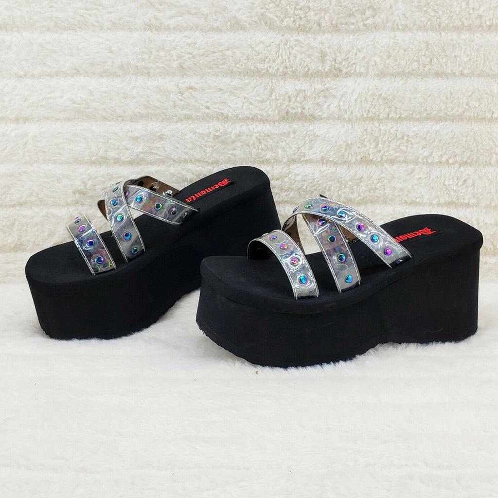 Funn Platform Goth Sandals Studded Hologram Triple Strap Slip On Shoes In House - Totally Wicked Footwear
