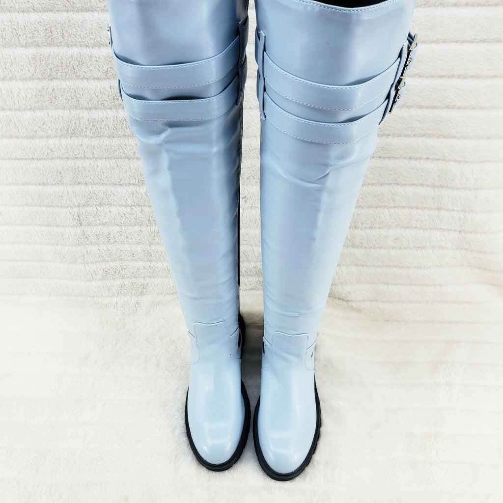 Techno Baby Blue Black Stretch Panel Lug Sole Thigh High Boots - Totally Wicked Footwear