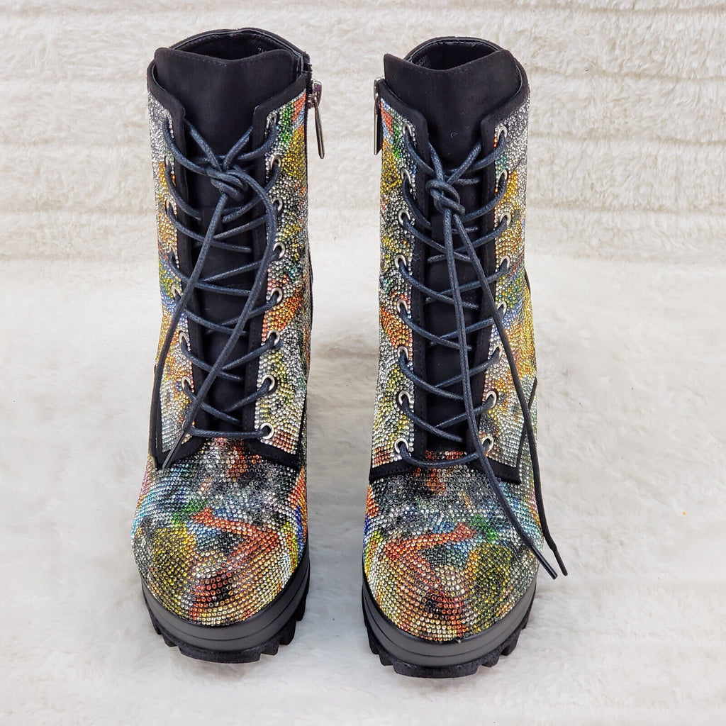 News Story Multi Sparkle Rhinestone Lug Sole Chunky High Heel Ankle Boots - Totally Wicked Footwear