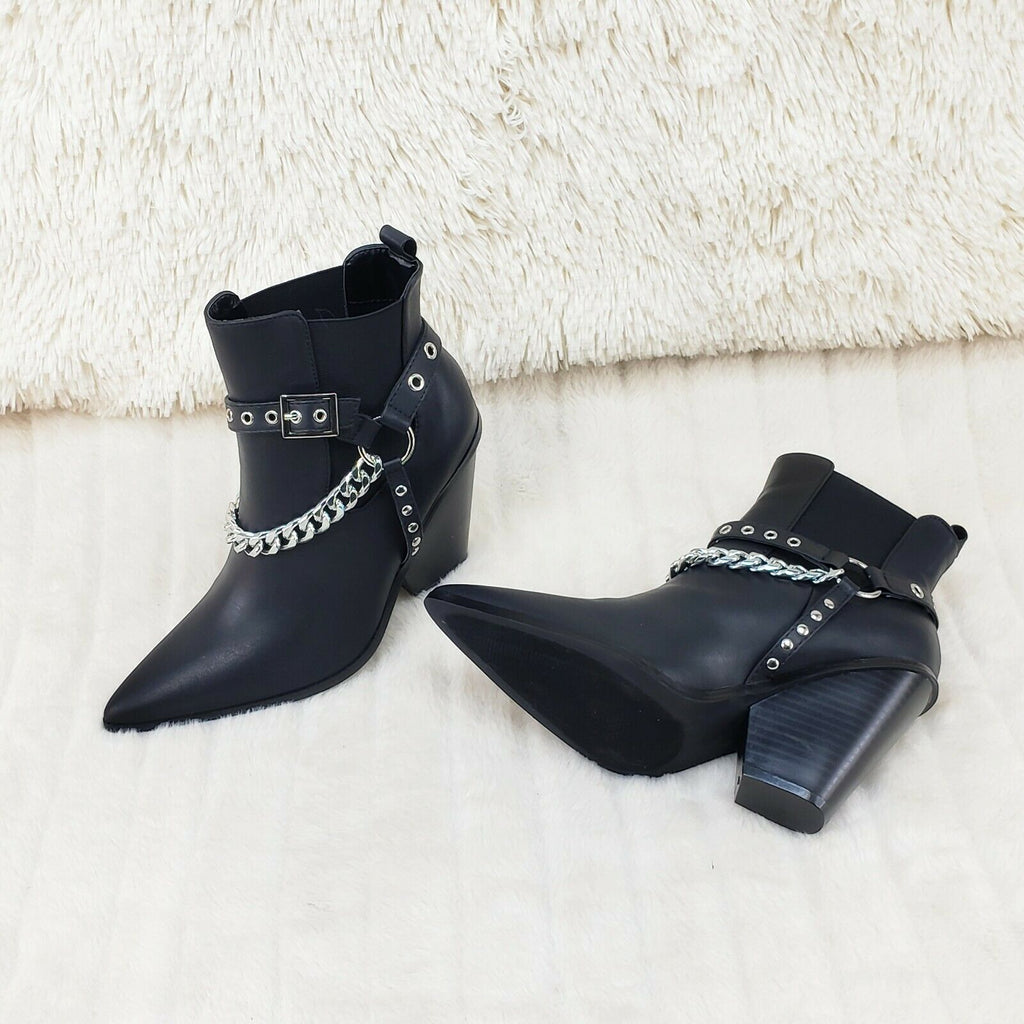 Dimitri Western Chain Strap Cowboy / Cowgirl Pull Ankle Boots Black 6-11 - Totally Wicked Footwear