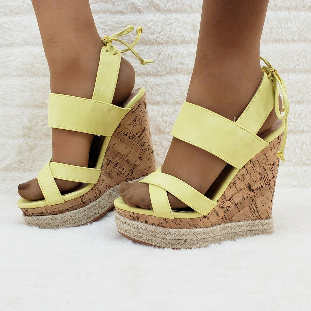 Sexy Yellow Lime 5" High Heel Cork Espadrille Wedge Platform Heels Glister - Totally Wicked Footwear