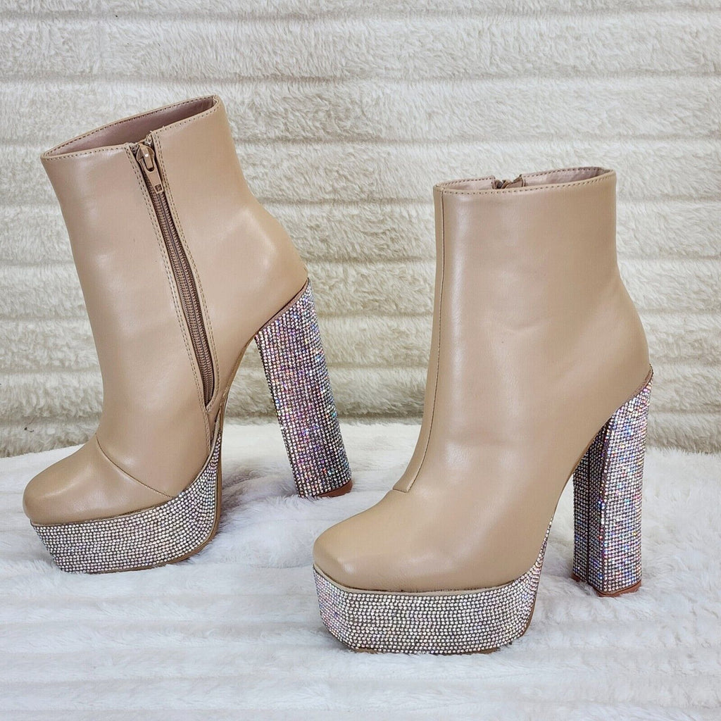 Nikki Cream Leatherette Rhinestone Platform Chunky Heel Ankle Boots - Totally Wicked Footwear