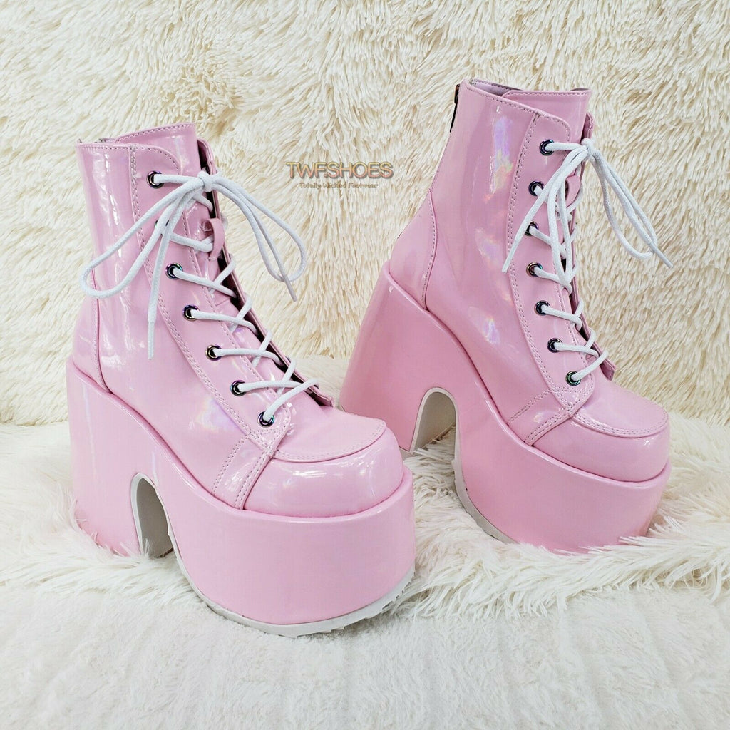 Demonia 203 Camel Stacked Pink Patent Platform Goth Punk Ankle Boots 6-12 NY - Totally Wicked Footwear