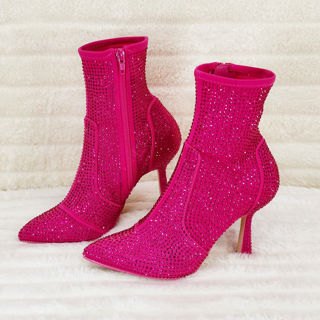 Stunning Fuchsia Hot Pink Stretch Rhinestone Ankle Boots 3.5" Heels - Totally Wicked Footwear