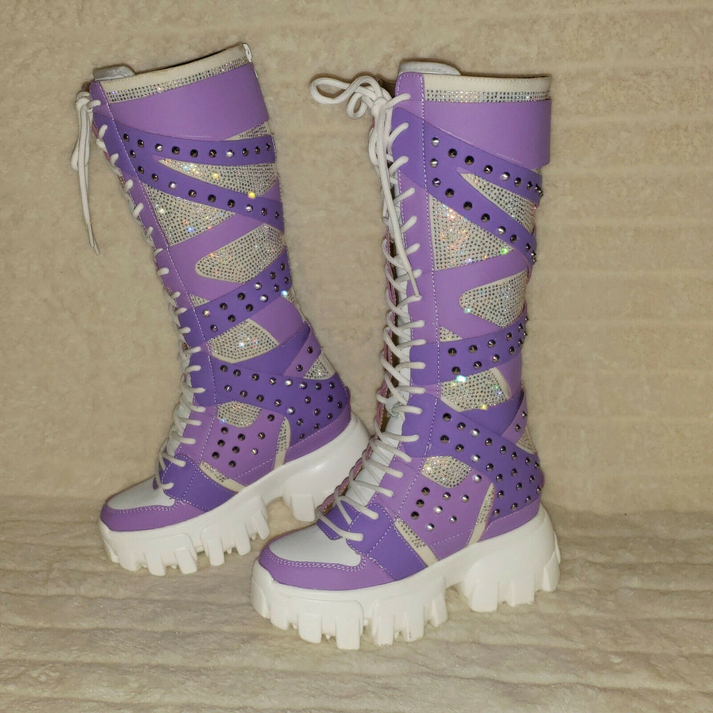 Wang Limited Lilac Purple White Platform Sneaker Knee Boots Hidden Wedge Heels - Totally Wicked Footwear