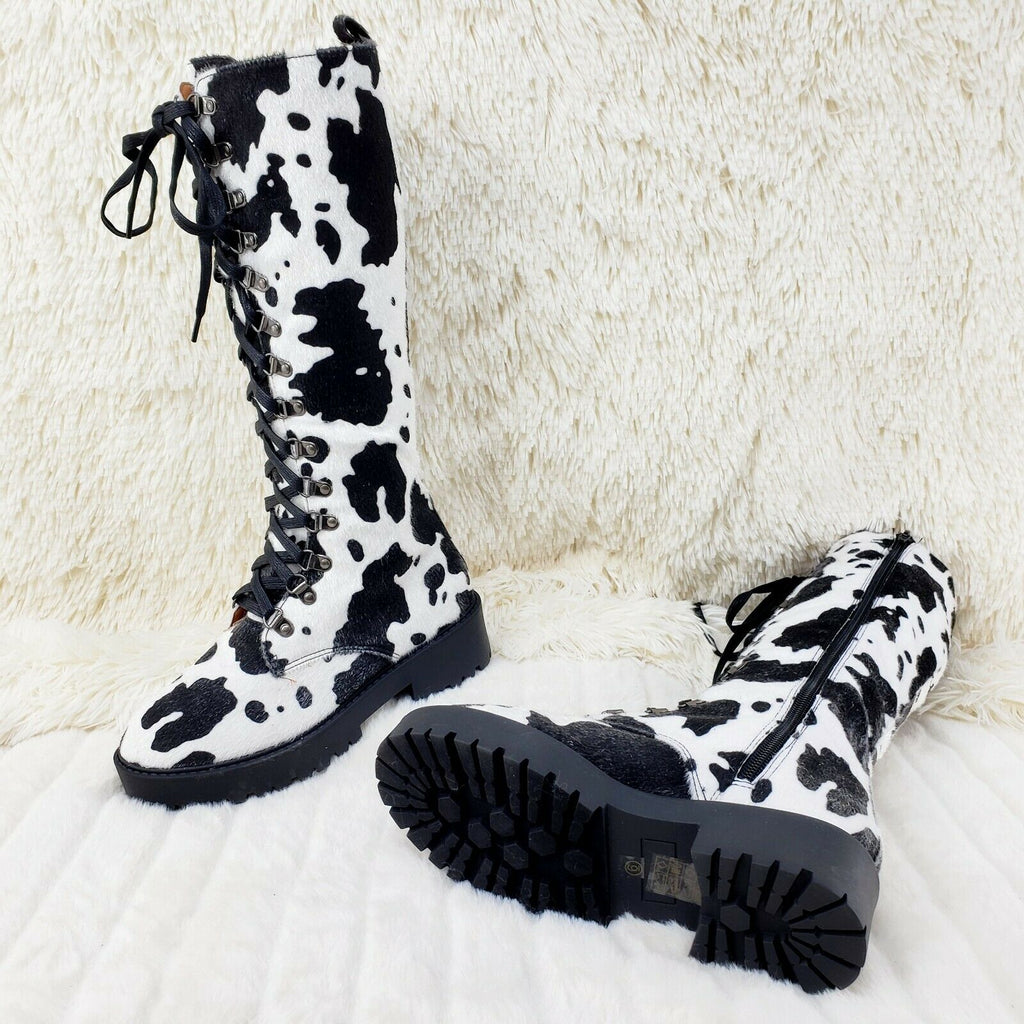 Savage Goth Punk Rock Faux Cow Fur Lace Up Platform Combat Knee Boots - Totally Wicked Footwear