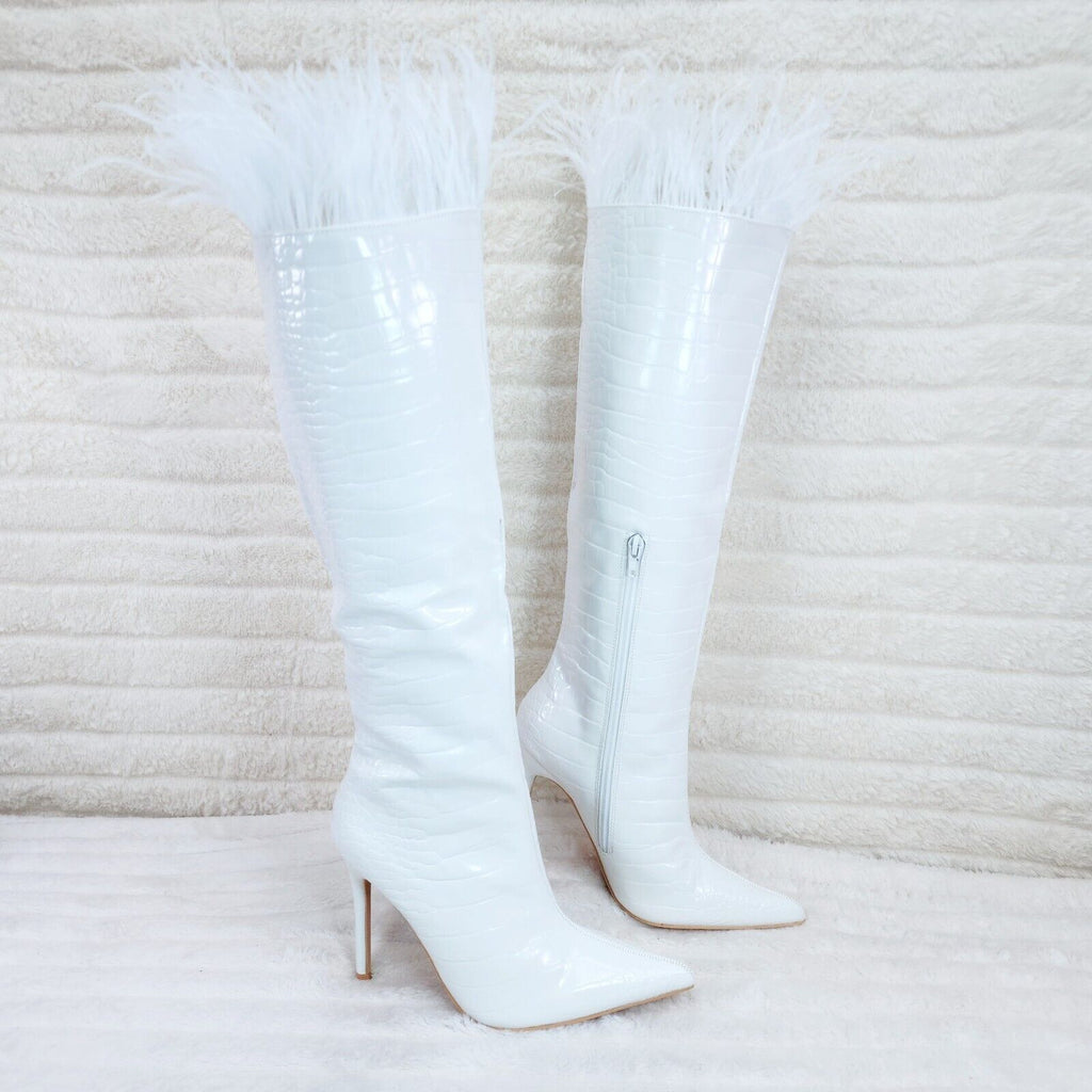 Flirty White Snake Texture Knee High Heel Stiletto Boots Sexy Feather Top - Totally Wicked Footwear