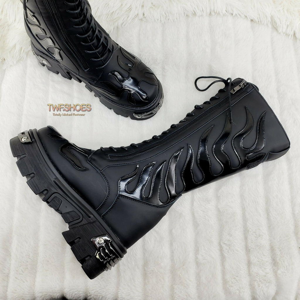 Wang Flame Punk Goth Rock 2" Platform 4.5" Hidden Wedge Mid Calf Boots Restocked - Totally Wicked Footwear