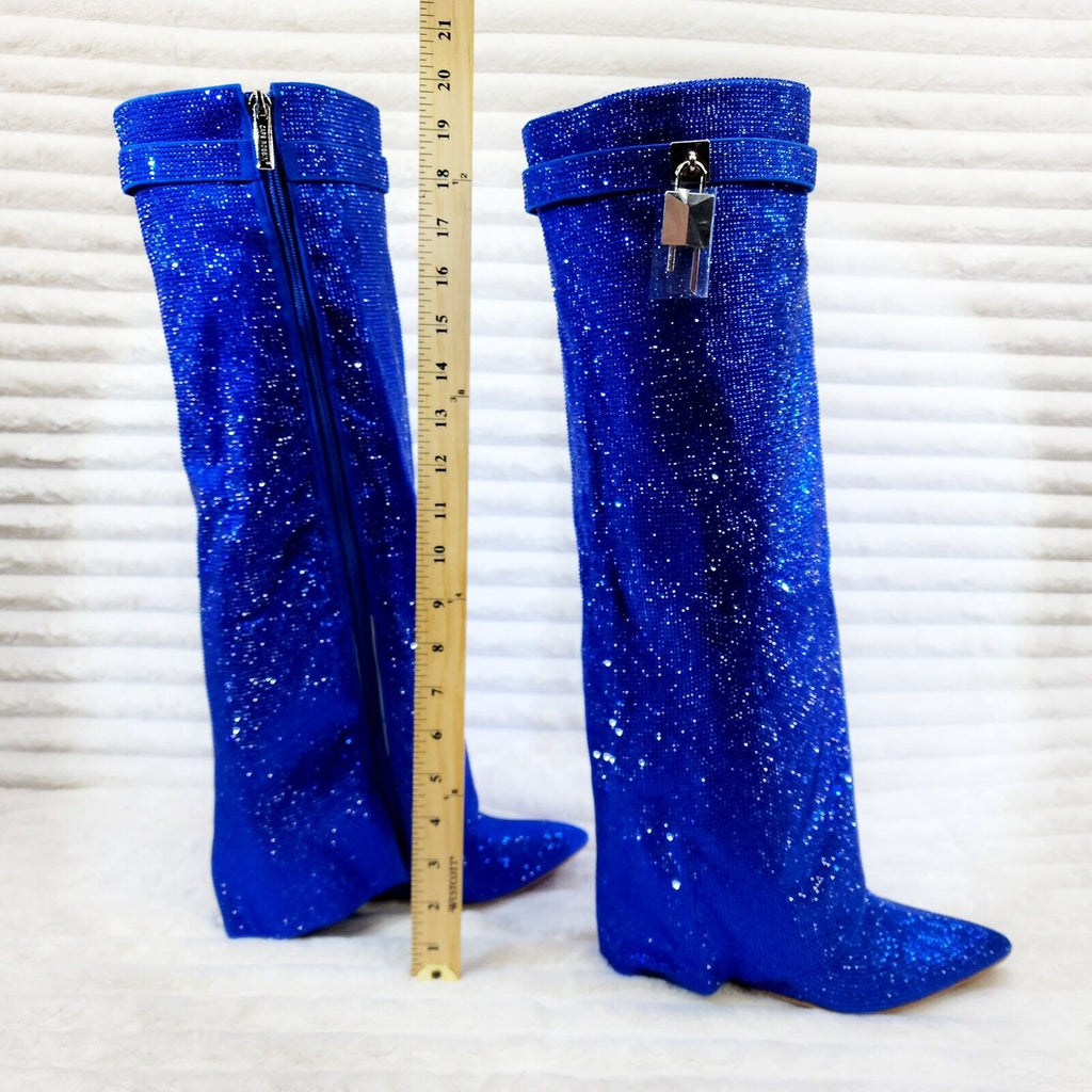 Super Sparkle Sharky Skirted Fold Over Wedge Heel Knee Boots Royal Blue - Totally Wicked Footwear