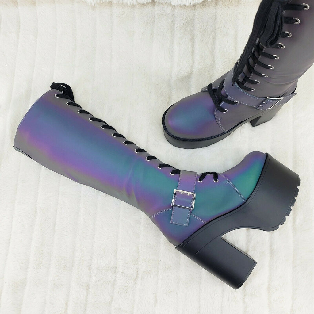 Ocho Reflective Punk Goth Rock Glam Block Heel Platform Spiked Knee Boots - Totally Wicked Footwear