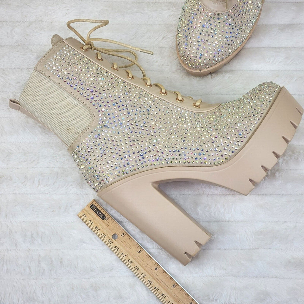 Barri Nude Beige Cream Rhinestone Chunky Heel Platform Ankle Boots - Totally Wicked Footwear