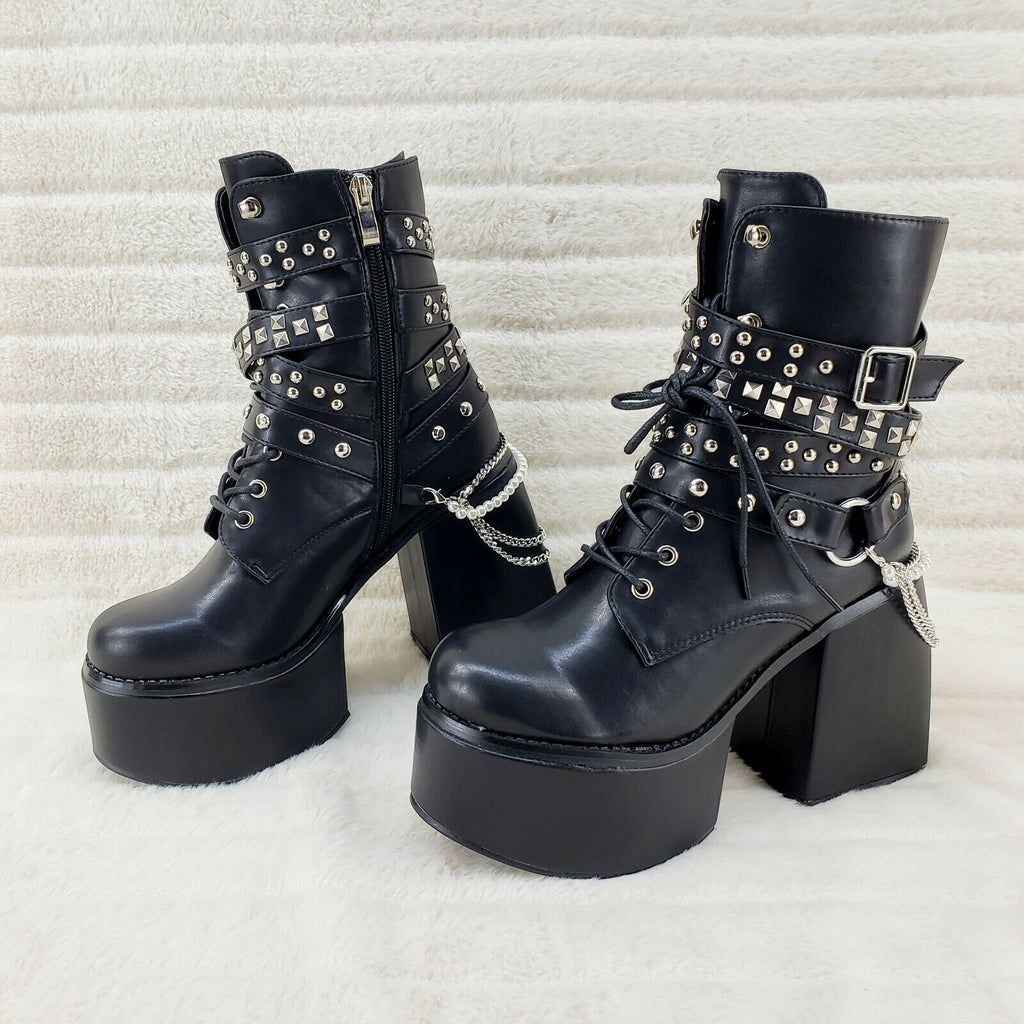 Ocho Black Ice Multipile Strap Platform Chunky Block Heel Ankle Boots - Totally Wicked Footwear
