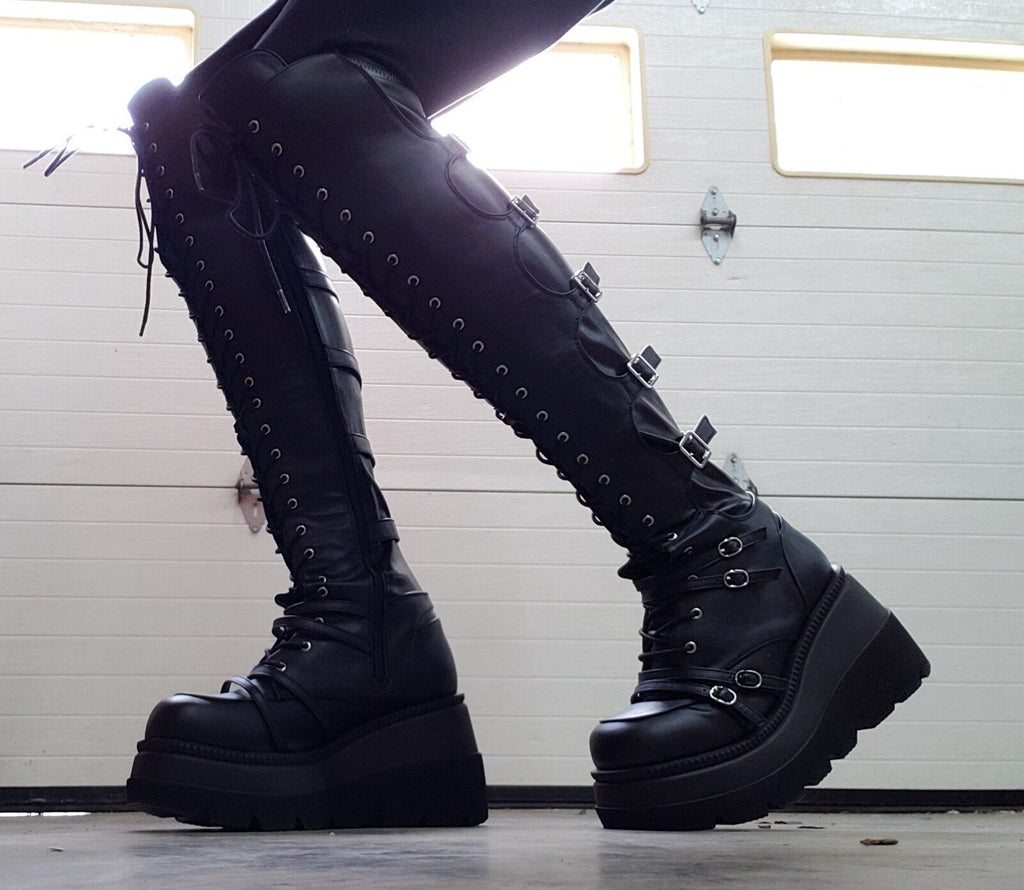 Shaker 350 Black Wide Platform 4.5" Wedge Heel Over The Knee Boots NY DEMONIA - Totally Wicked Footwear