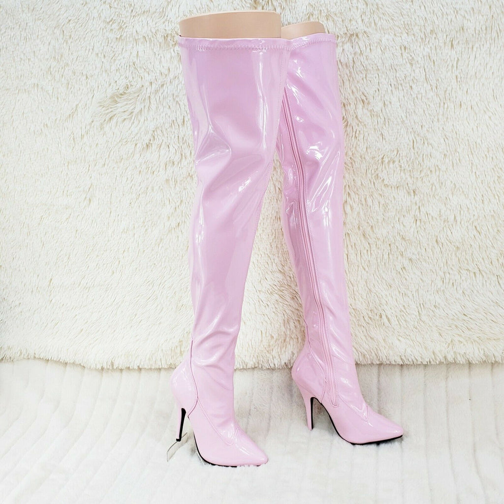 Seduce 3000 Stretch Baby Pink Patent Thigh High Boots Stiletto High Heels NY - Totally Wicked Footwear