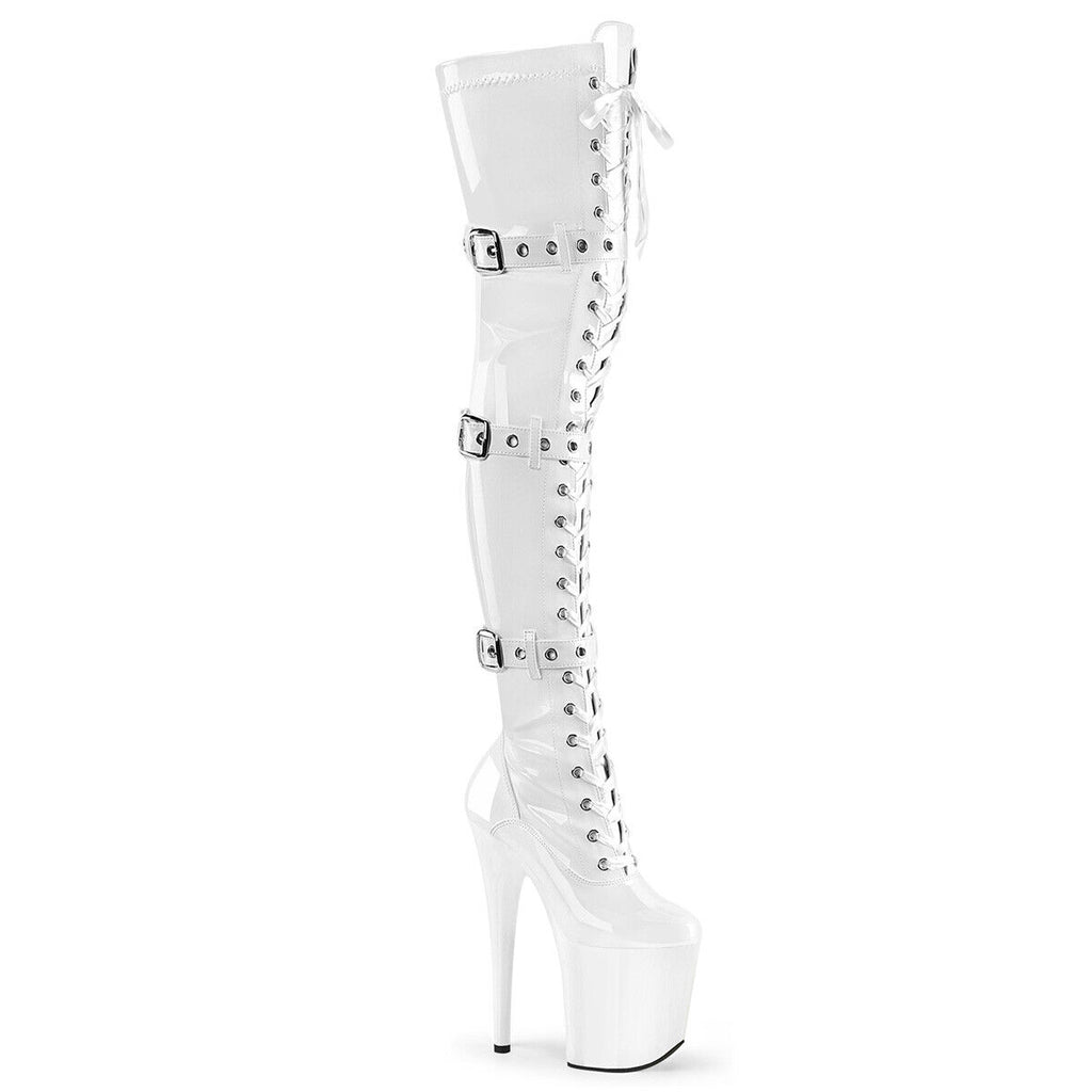 Flamingo 3028 Triple Buckle Thigh High Platform Torment Boot White Patent NY - Totally Wicked Footwear