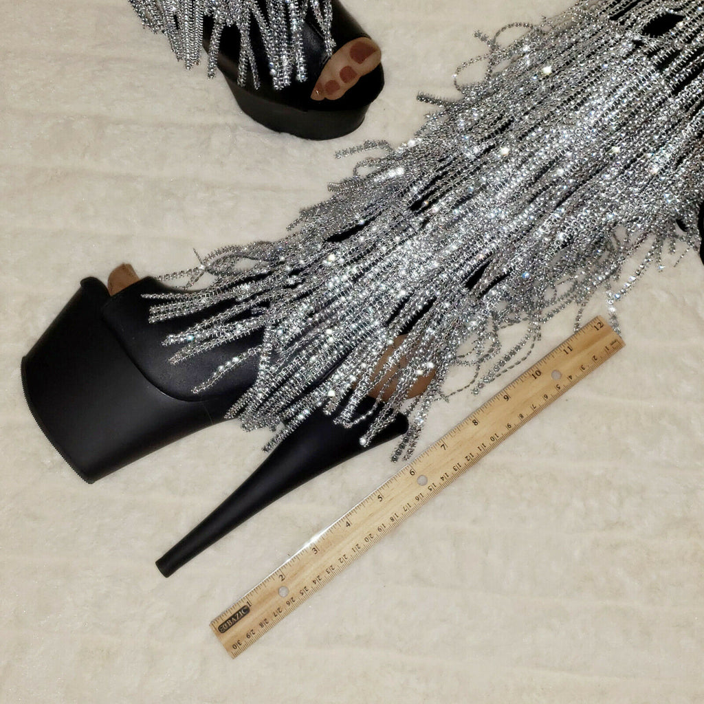 Adore 2024 Silver Fringe Black Platform 7" High Heel Fringe Knee Boots NY - Totally Wicked Footwear