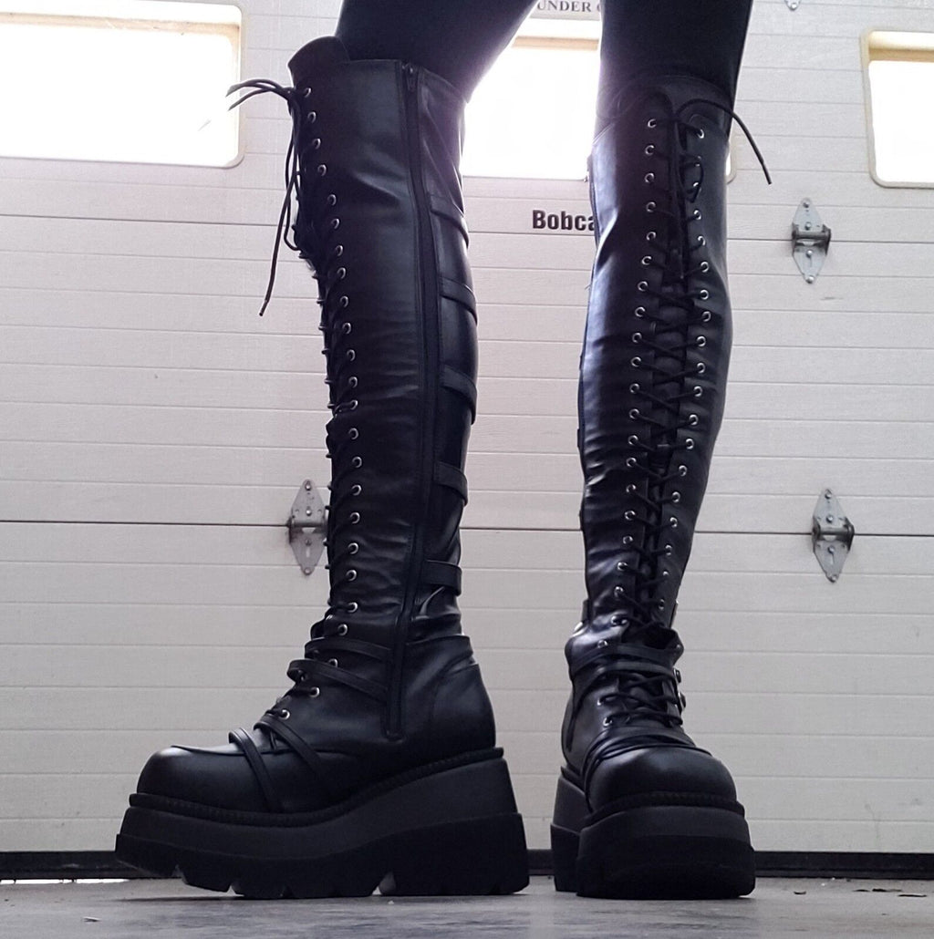 Shaker 350 Black Wide Platform 4.5" Wedge Heel Over The Knee Boots NY DEMONIA - Totally Wicked Footwear