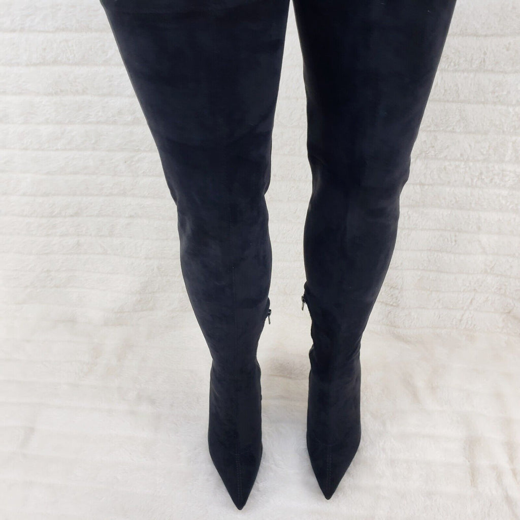 Sexy Girlz Faux Stretch Black Suede High Heel Pointy Toe Platform Thigh Boots - Totally Wicked Footwear