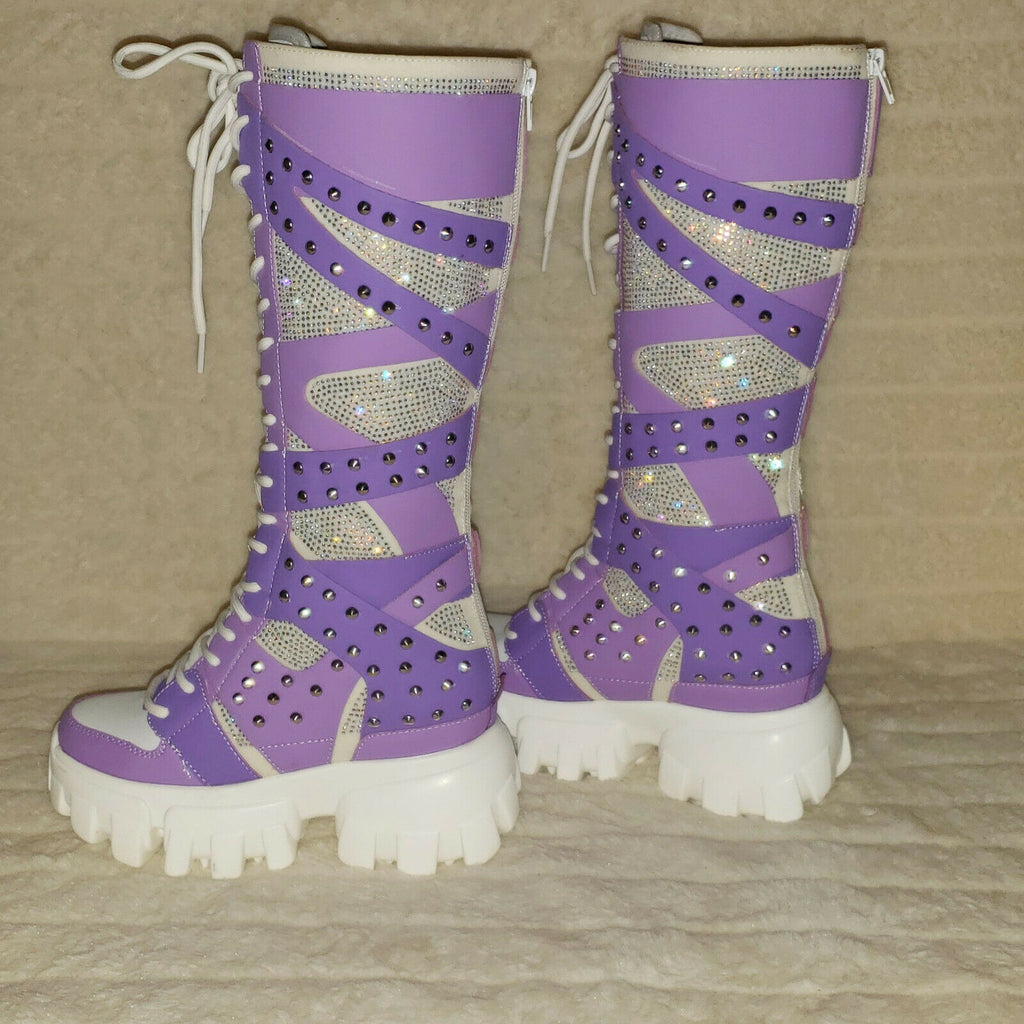 Wang Limited Lilac Purple White Platform Sneaker Knee Boots Hidden Wedge Heels - Totally Wicked Footwear