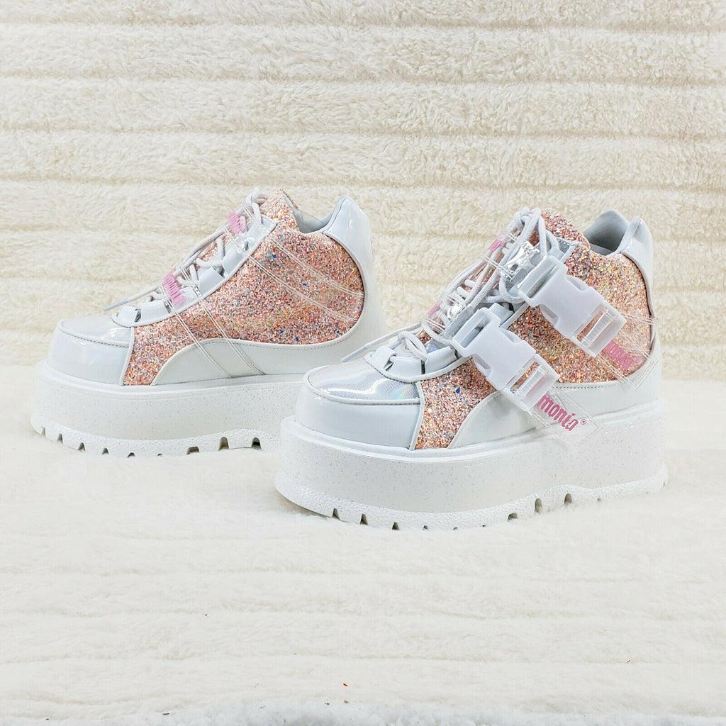 Slacker 50 White Pink Glitter Platform Sneaker Ankle Boots - Totally Wicked Footwear