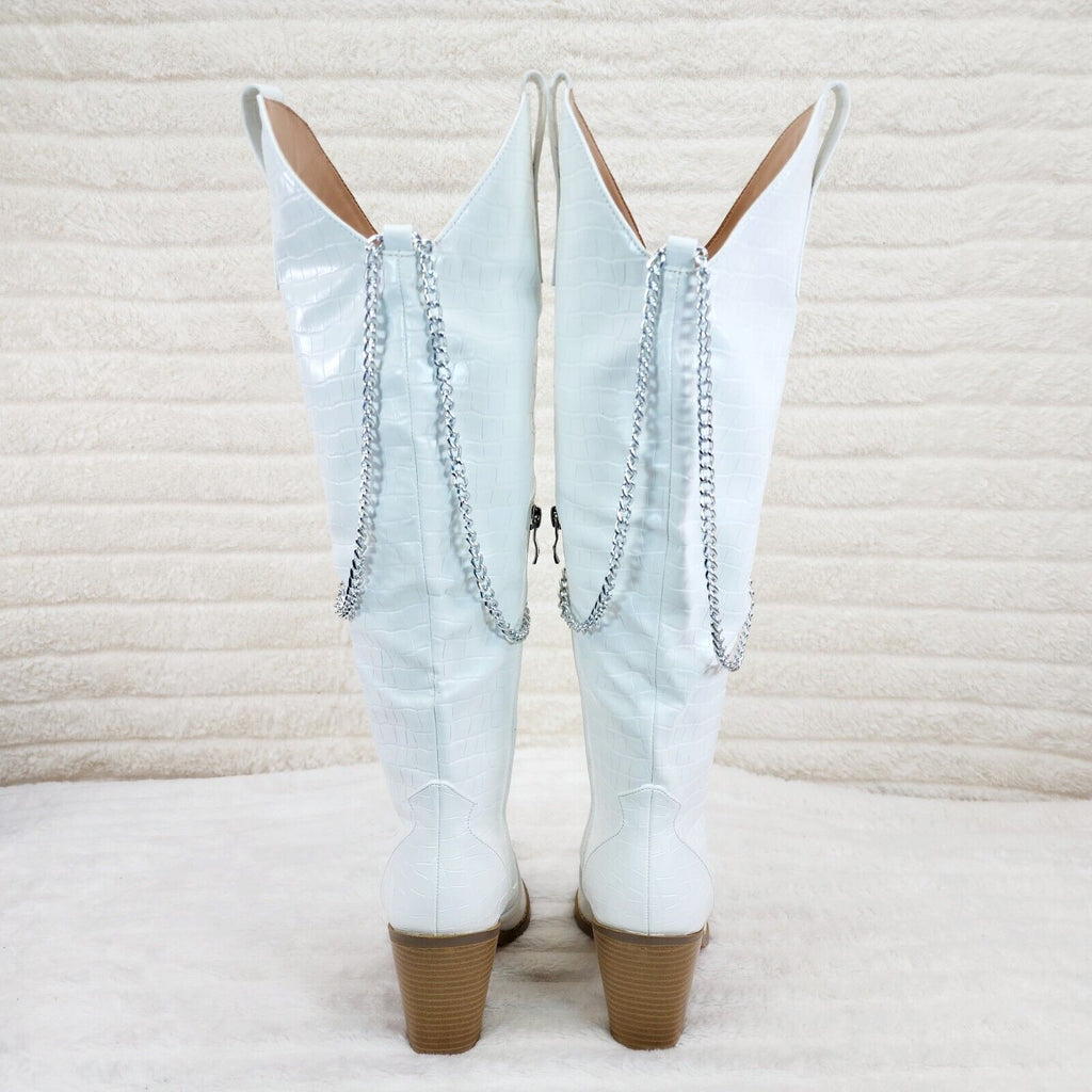Dallas White Snake Texture Western Knee High Draped Chain Cowgirl Boots - Totally Wicked Footwear