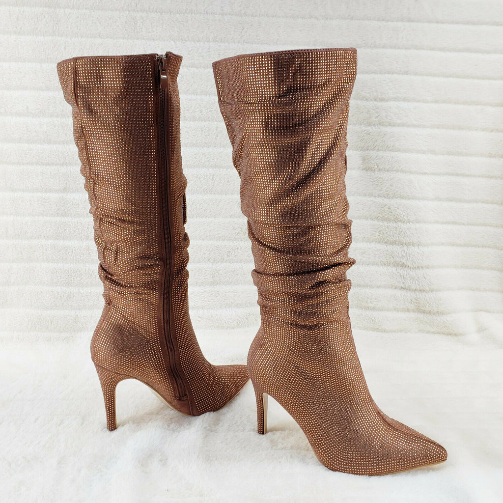 Sparkle Trend Brown Rhinestone Slouchy Scrunch High Heel Knee Boots - Totally Wicked Footwear