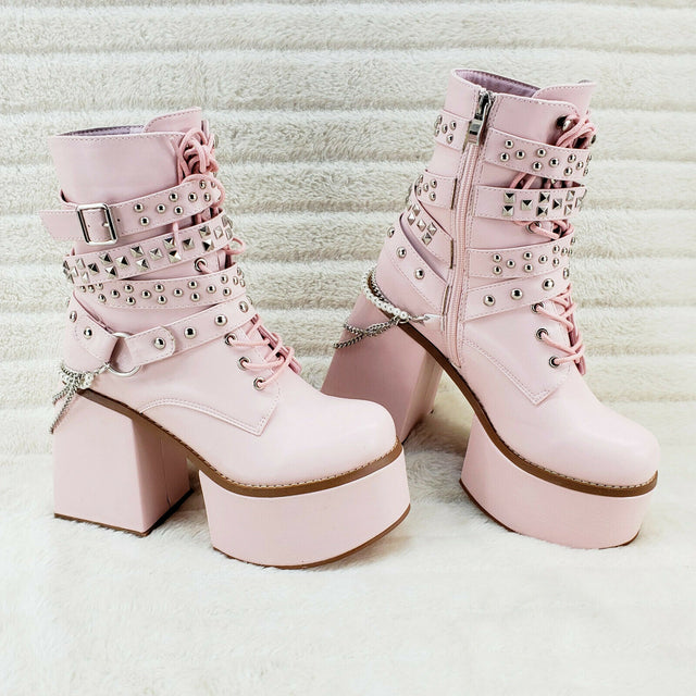 Ocho Baby Pink Ice Multipile Stud Strap Platform Chunky Block Heel Ankle Boots - Totally Wicked Footwear