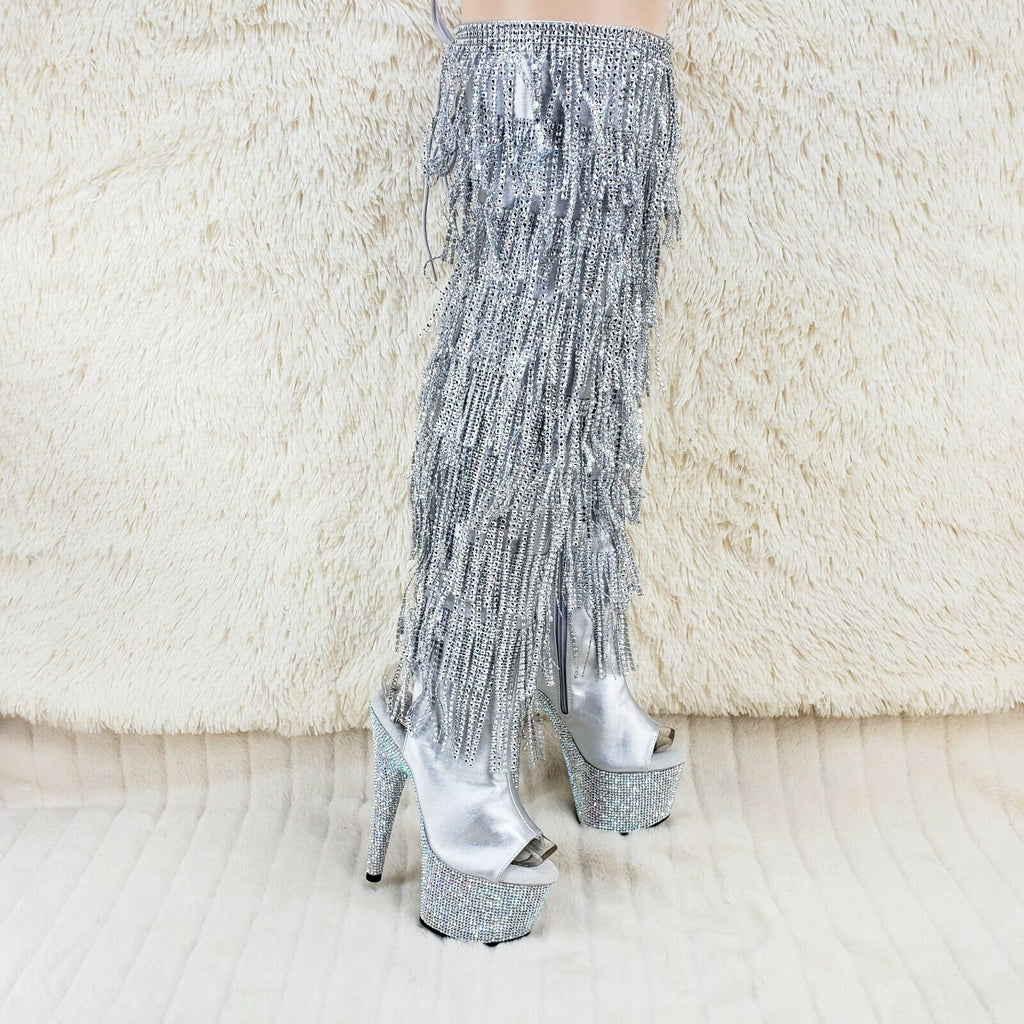 Bejeweled 3019DM Silver Rhinestone Platform 7" High Heel Fringe Thigh Boots NY - Totally Wicked Footwear
