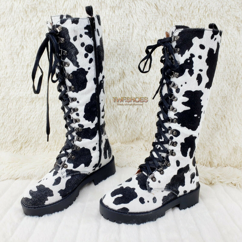 Savage Goth Punk Rock Faux Cow Fur Lace Up Platform Combat Knee Boots - Totally Wicked Footwear