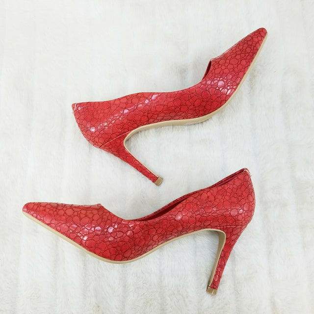 Monica Textured 3.5" Heel Pointy Toe Pump Shoes Red - Totally Wicked Footwear