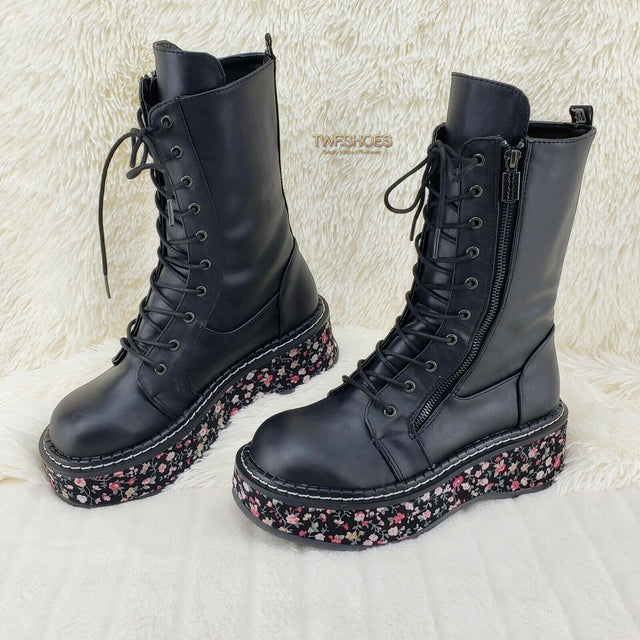 Demonia Emily 350 Black Matte Floral 2" Platform Combat Boots Restocked NY - Totally Wicked Footwear