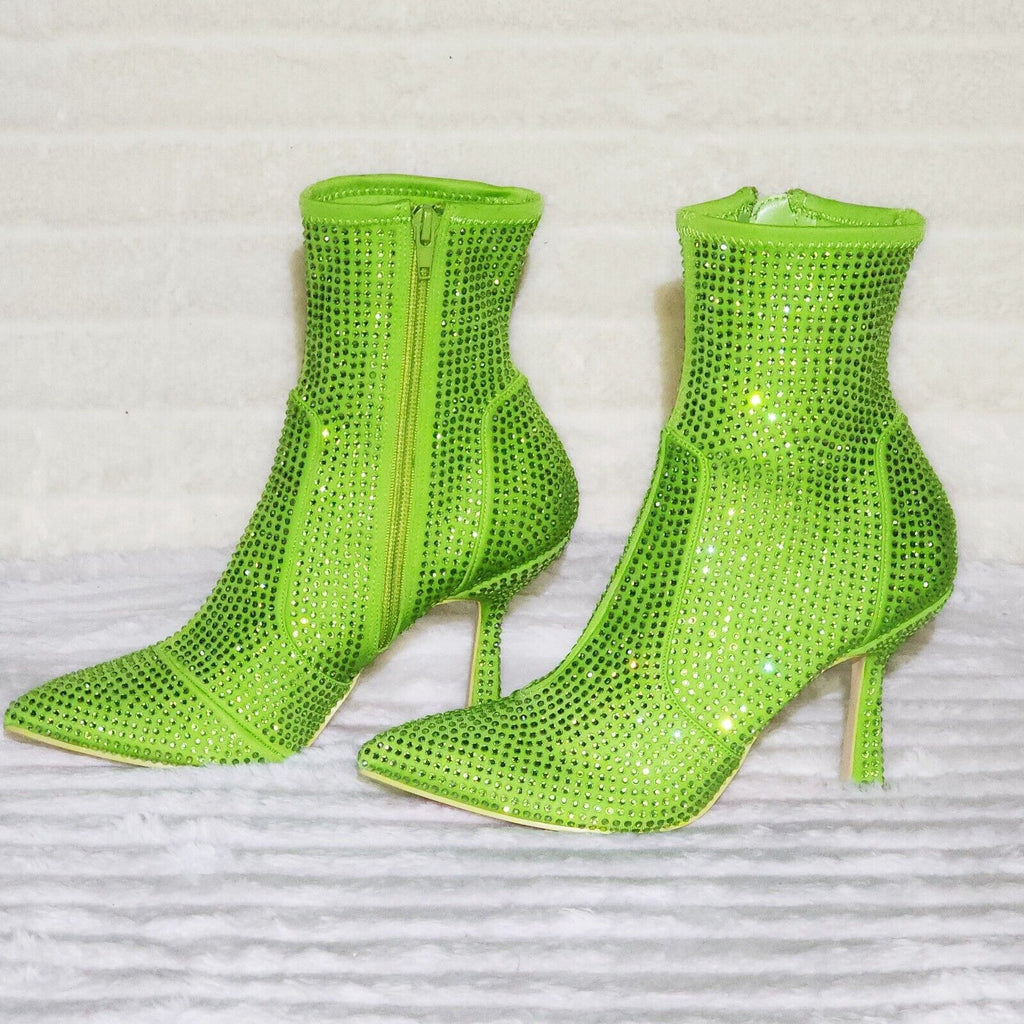 Stunning Fuchsia Bright Green Lime Stretch Rhinestone Ankle Boots 3.5" Heels New - Totally Wicked Footwear