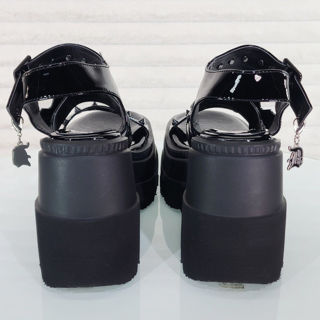 Shaker 13 Black Out Patent 4.5" Wedge Heel Gothic Sandals Studs And Charms NY - Totally Wicked Footwear