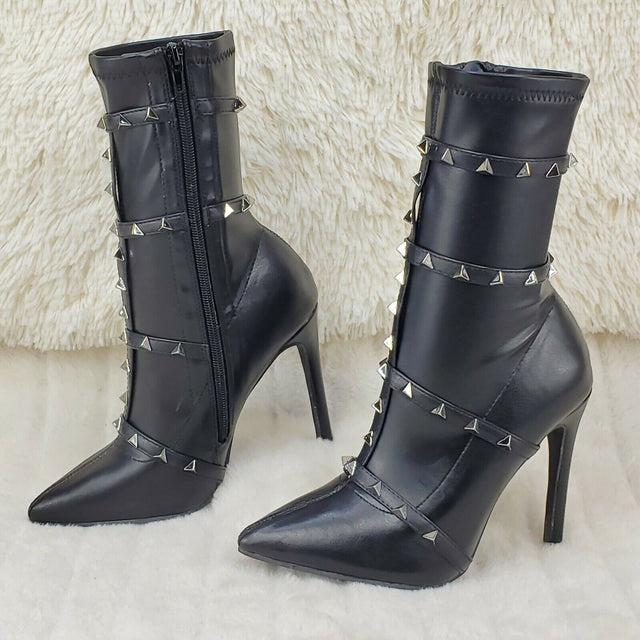 Mark Pyramid Stud Strap High Heel Pointy Toe Stretch Ankle Boots Black - Totally Wicked Footwear