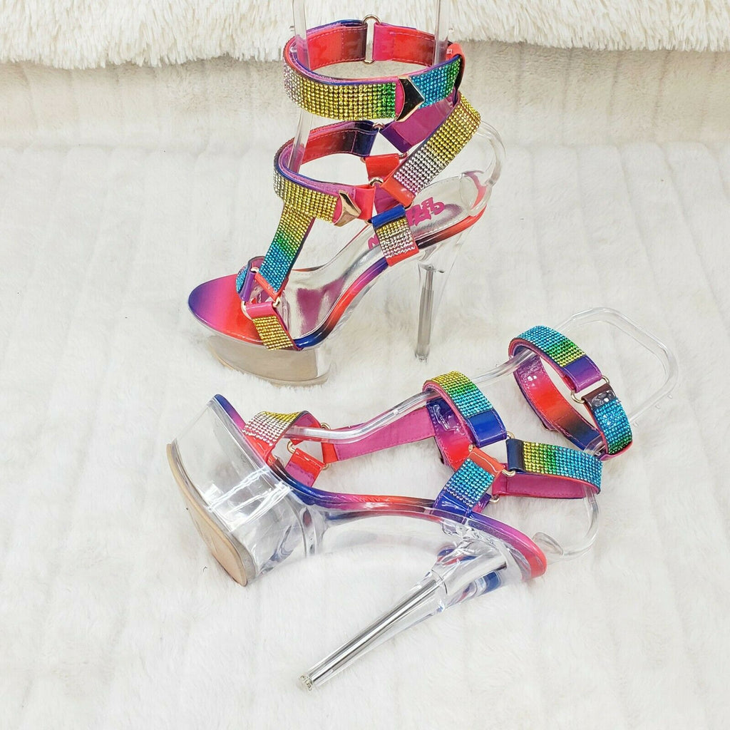 Xapala Rainbow Rhinestone Harness Strap Clear Platform High Heel Shoes - Totally Wicked Footwear