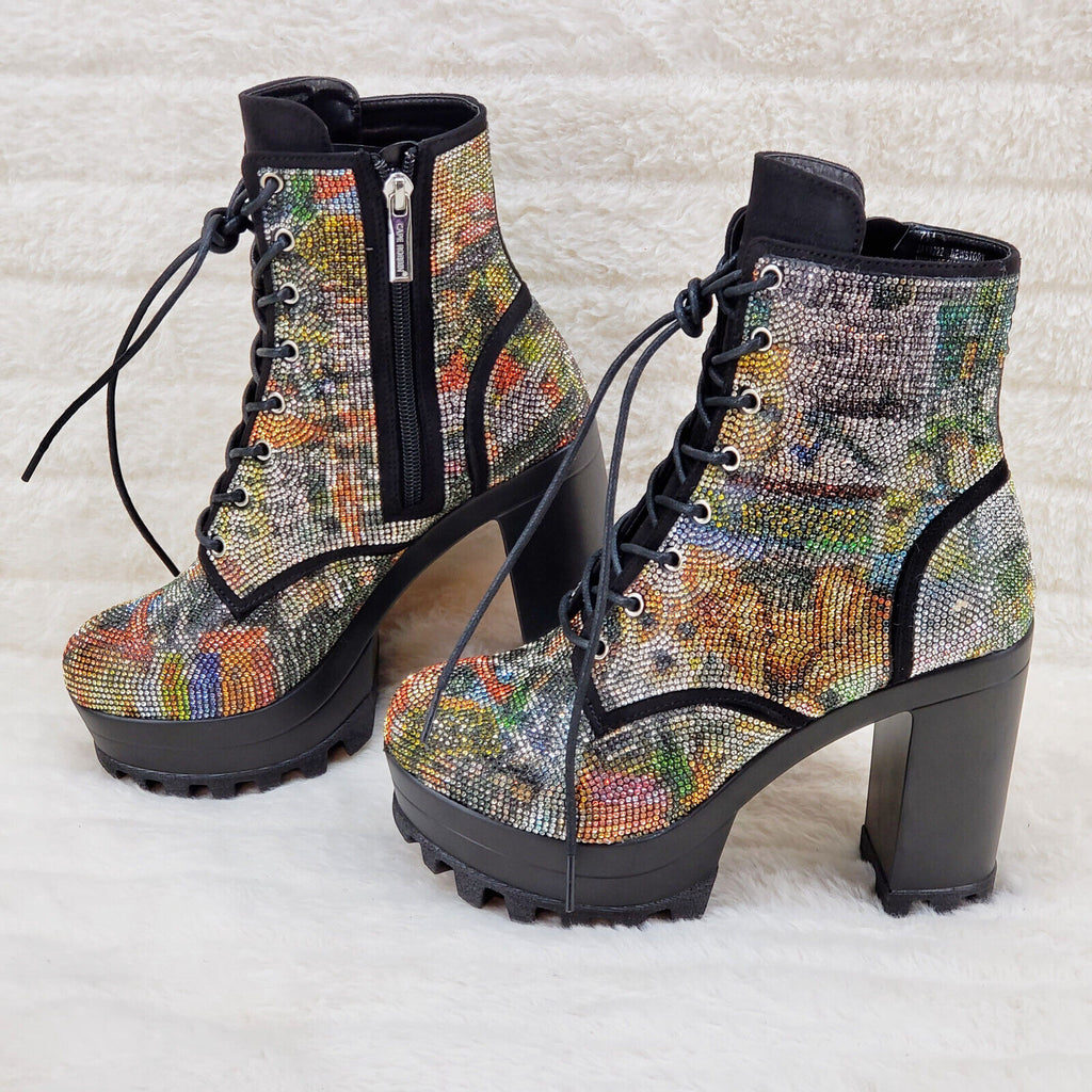 News Story Multi Sparkle Rhinestone Lug Sole Chunky High Heel Ankle Boots - Totally Wicked Footwear