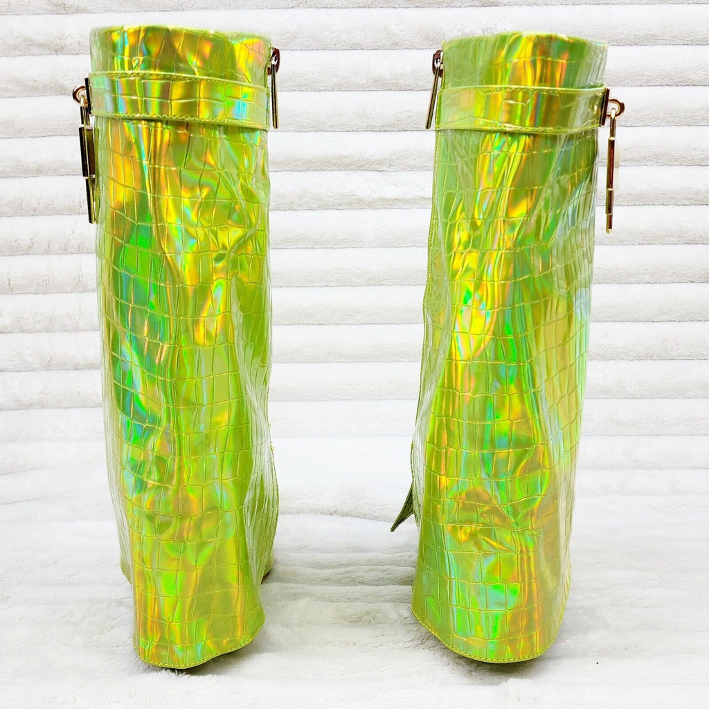 Vision Lime Yellow Hologram Wedge Heel Fold Over Skirted Ankle Boots - Totally Wicked Footwear