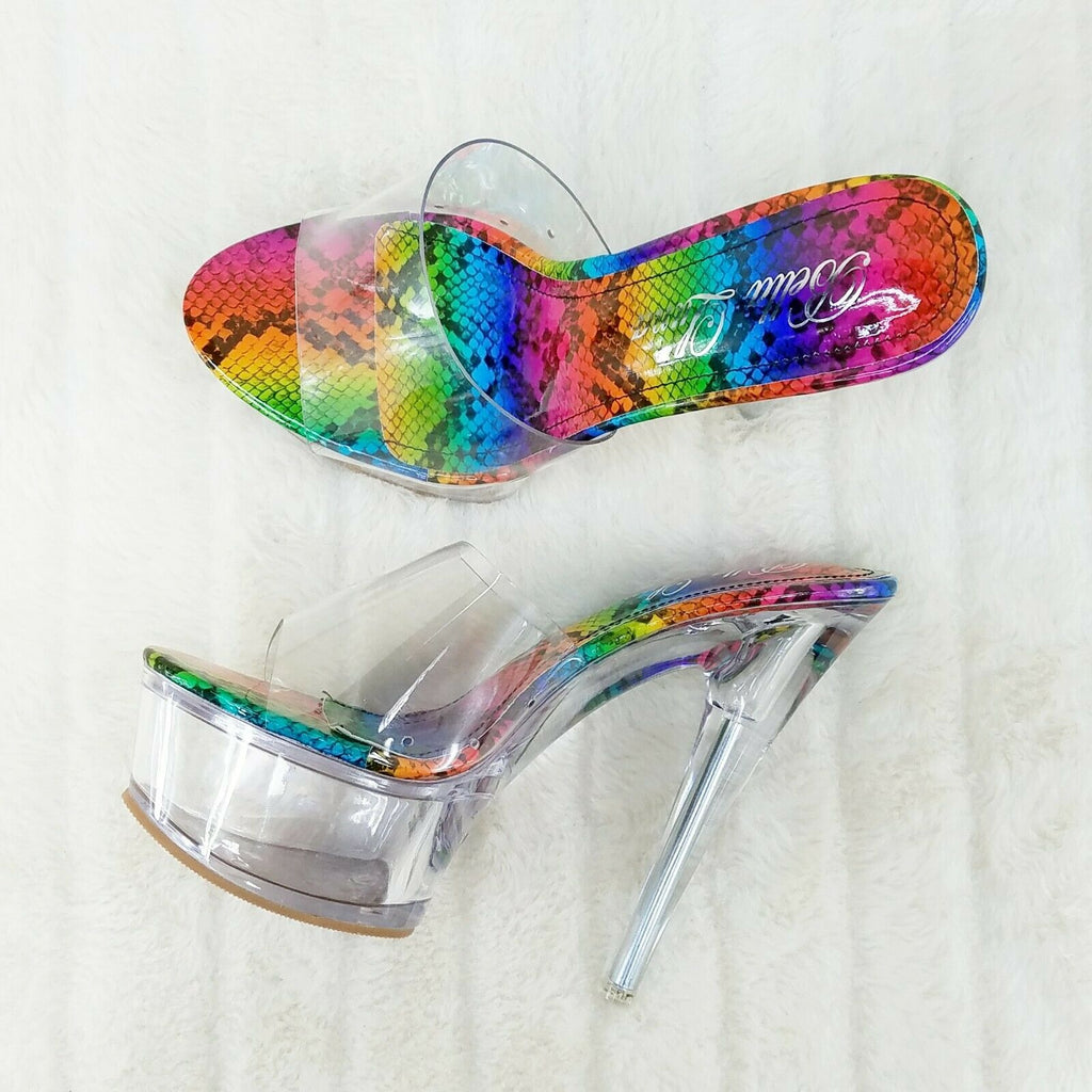 Cloud Clear Platform 6" High Heels Rainbow Snake Foot-bed Slip On Mule - Totally Wicked Footwear