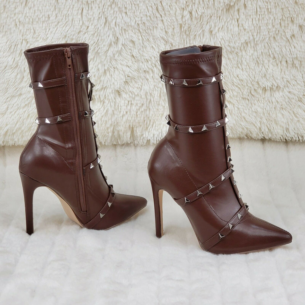 Mark Pyramid Stud Strap High Heel Pointy Toe Stretch Ankle Boots Mocha Brown - Totally Wicked Footwear